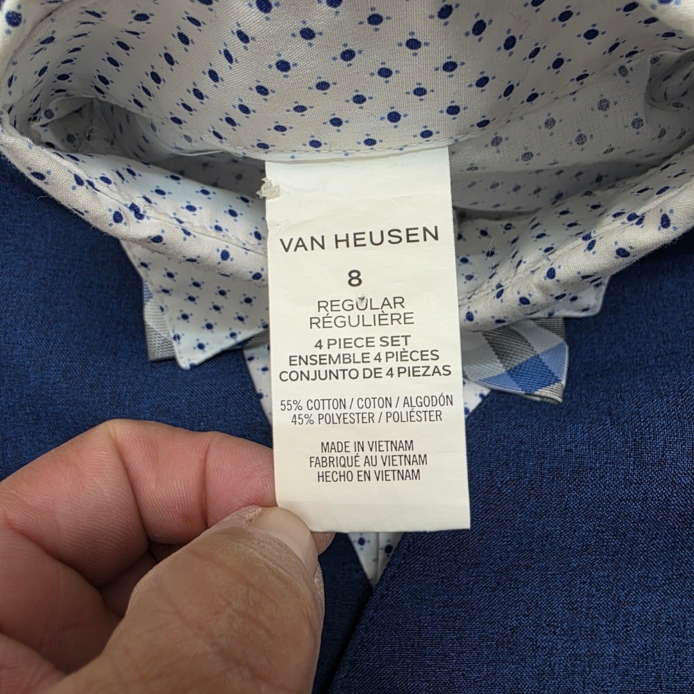 Van Heusen Boy Size 8 3 Piece Dress Set Blue Plaid Bow Tie White Dot Shirt Vest - Picture 5 of 12
